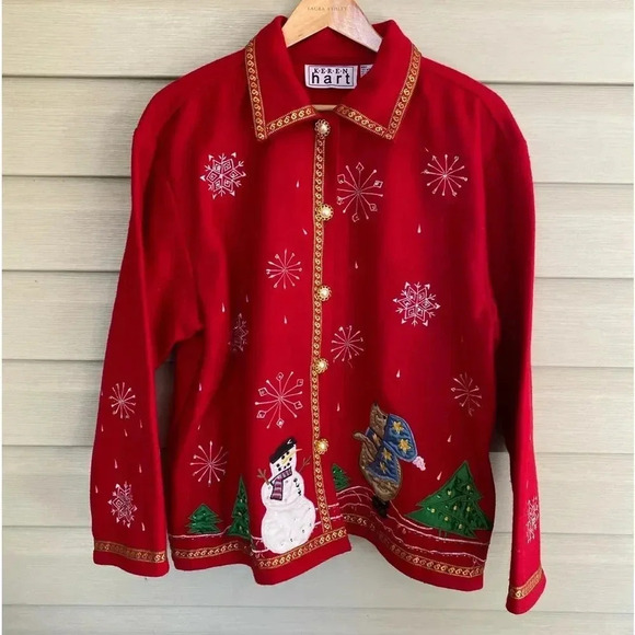 KEREN HART vintage Christmas snowman granny jacket wool blend size L faux Pearls - Picture 12 of 13